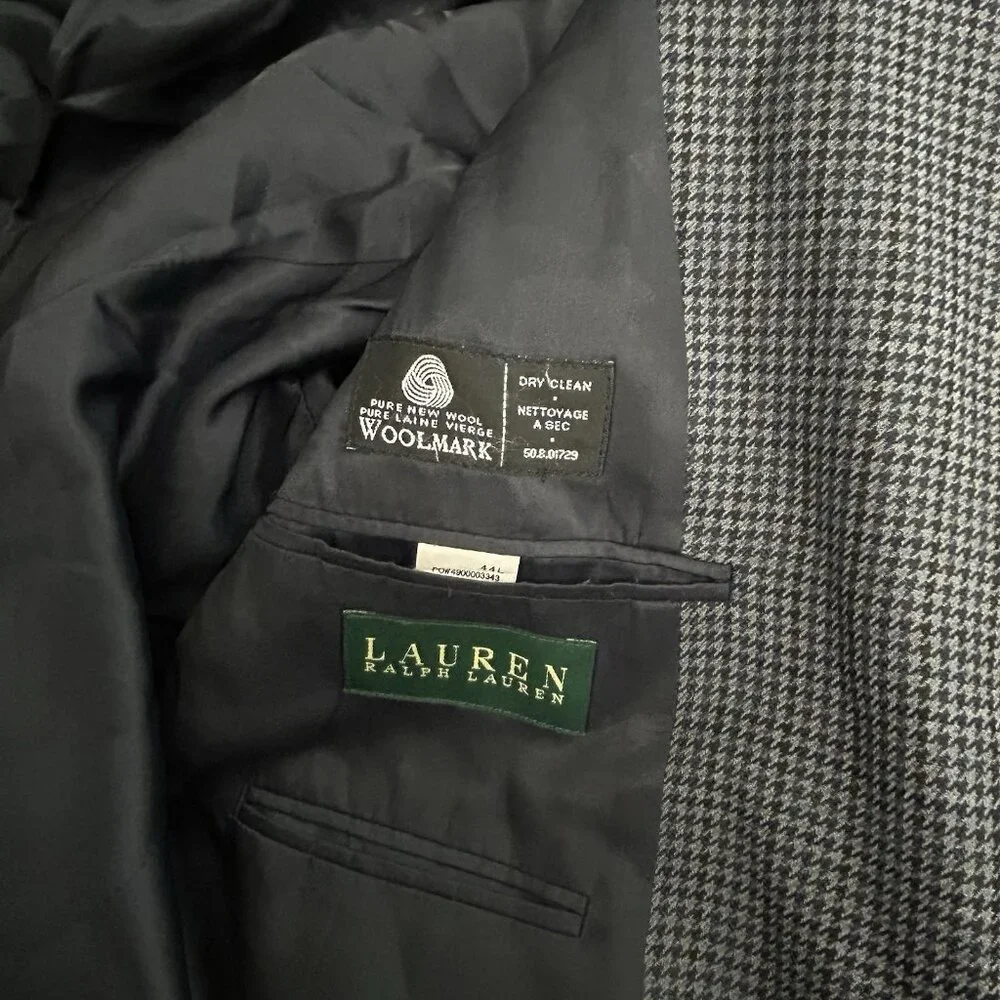 LRL Lauren Ralph Lauren Wool‎ Blazer Mens 44L Gray Navy Houndstooth 2 Buttons
